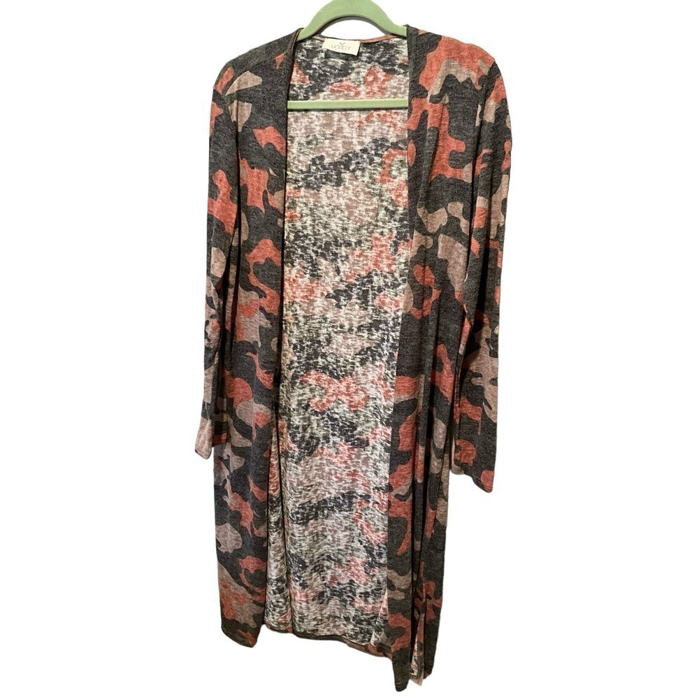 Hopely Long Cardigan Sweater Women M Pink Camouflage Long Sleeve Polyester Blend